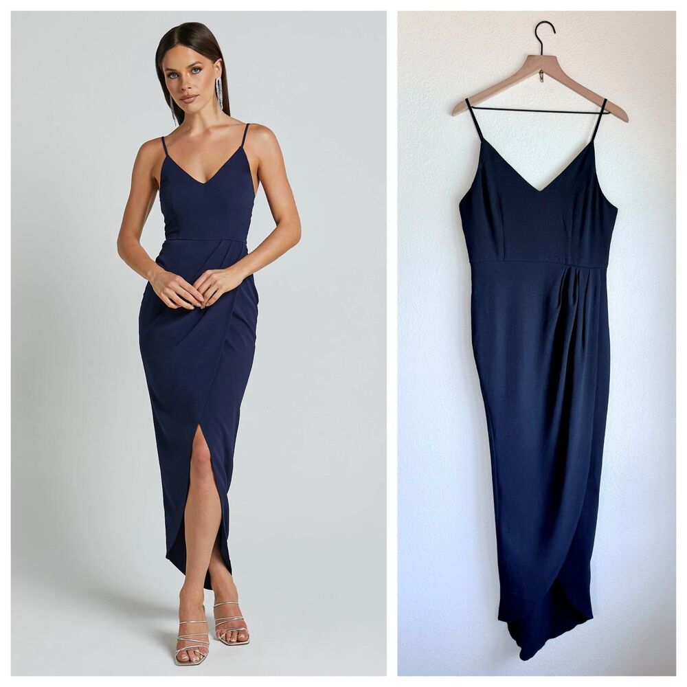 Showpo. Women's Lucky Day V-Neck Drape Strappy Midi Dress in Navy Size 8